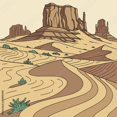 Abstract desert landscape shaped by wind erosion, with flowing lines and a minimalist color palette, representing natural forces.