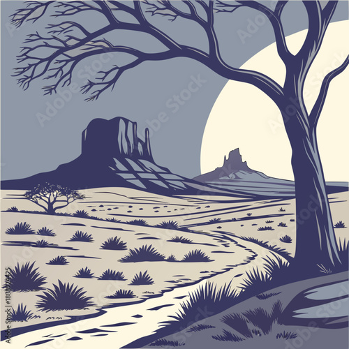 Stylized desert plateau landscape with extended shadows stretching across the terrain under an expansive sky, evoking solitude and grandeur.