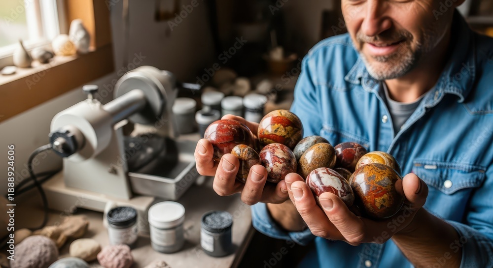 Fototapeta premium Craftsman proudly displays handful of polished, variegated stone spheres in workshop setting