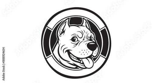 Cartoon bulldog mascot face with tongue out in circular frame design
