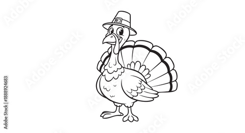 Cartoon turkey wearing pilgrim hat holding autumn wreath isolated