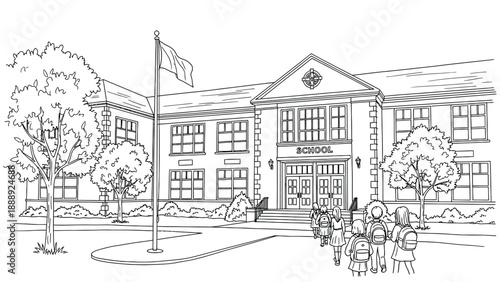 Group of children with backpacks walk toward a large school building with a flagpole and trees. The scene conveys a sense of anticipation and routine.