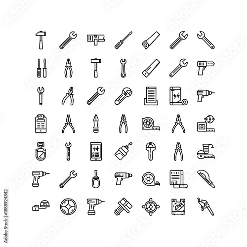 A comprehensive collection of outline icons depicting various hand and power tools for construction and repair.