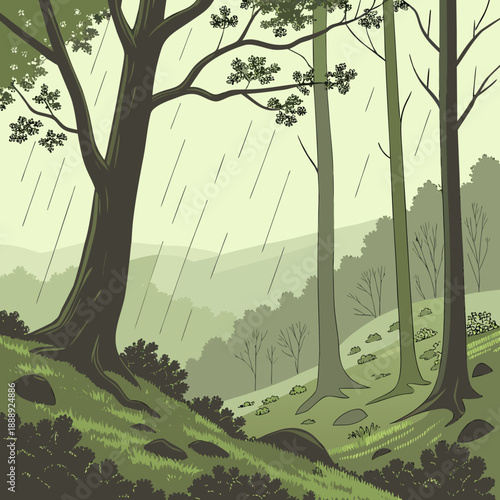 Rainy forest valley landscape in a flat vector art style, moody and atmospheric with falling rain.