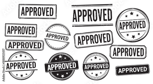 Collection of approved rubber stamps with star designs isolated on transparent background