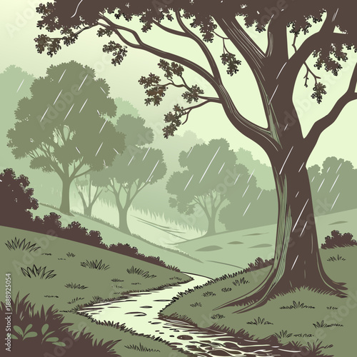 Rainy forest valley landscape in a flat vector art style, moody and atmospheric with falling rain.