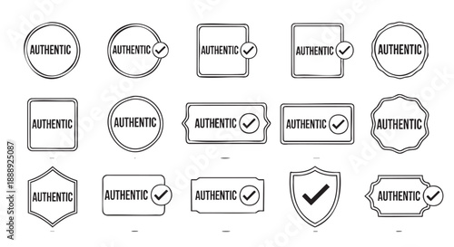 Collection of authentic verification badges and stamps isolated on transparent background