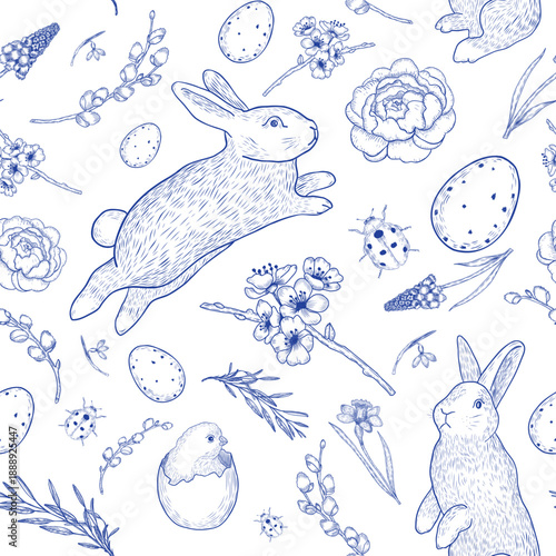 easter bunny and flowers seamless pattern