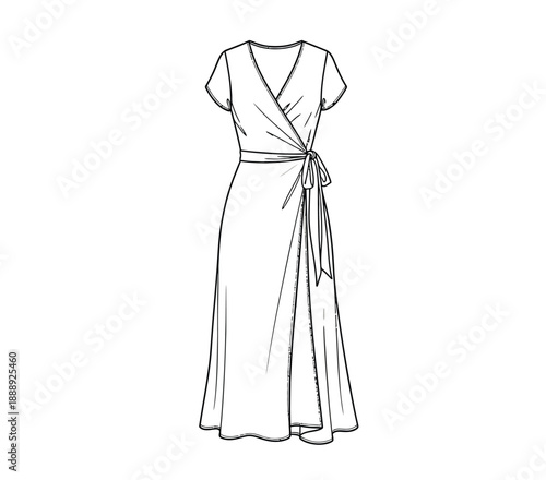 Illustration of a wrap dress with short sleeves and a V-neckline. It features a tied waist, creating elegant draping down to the hem.
