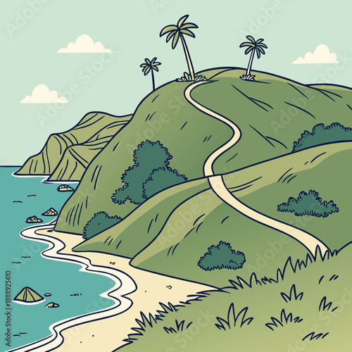 Clean vector design of a hilltop island landscape, offering a serene and minimalist scenic view.