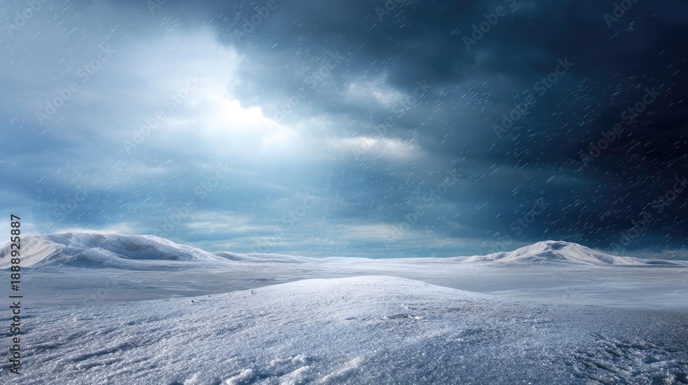 Fototapeta premium Serene and Dramatic Winter Landscape with Snow-Covered Hills Under a Moody Skyscape and Gentle Flurries of Falling Snow