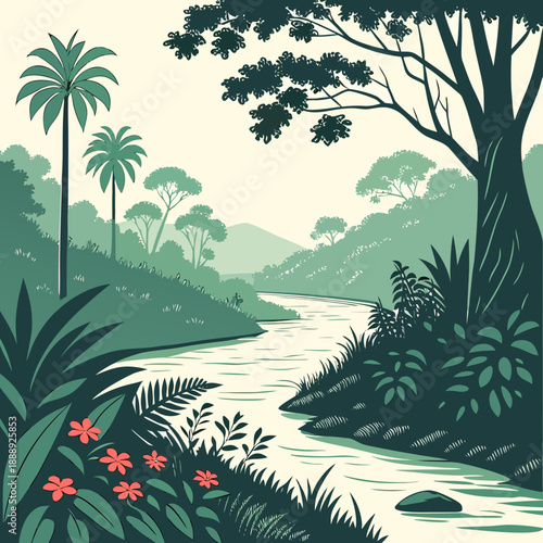 Expansive jungle river landscape with clean, curving lines in a modern vector design, suggesting adventure.