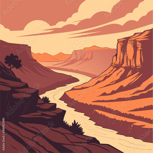 Dramatic mountain canyon sunrise landscape with modern vector design and ethereal light rays, evoking awe.