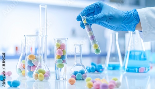 Scientist hand in glove holding test tube filled with colorful chocolate candies in modern laboratory representing food science concept