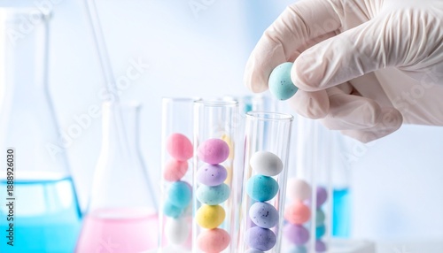 Scientist hand in glove holding test tube filled with colorful chocolate candies in modern laboratory representing food science concept