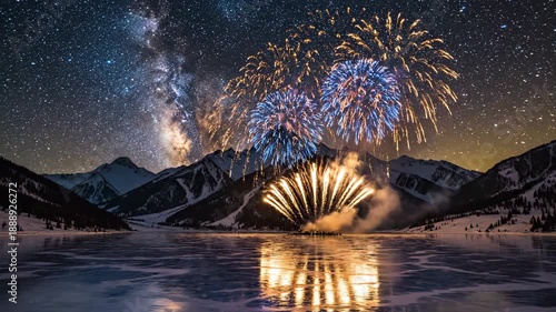 Launching Fireworks Over Mountain Lake At Night