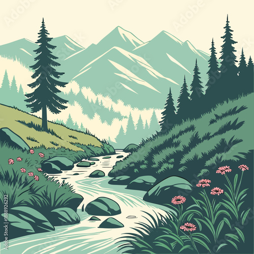 Serene mountain spring source landscape, clean flat vector illustration of nature's pure beginning, peaceful outdoor scene.