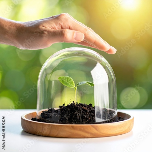 Caring Hand Protects Small Green Sprout Growing in Soil Under Glass Dome with Soft Sunlight Bokeh Background