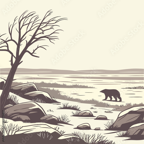 Expansive northern tundra landscape, minimalist vector art illustrating arctic wilderness and untouched horizons, peaceful, wild, and pure.