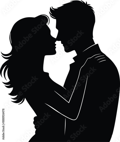 Silhouette of a romantic couple embracing closely and looking into each other eyes about to kiss sharing an intimate moment of love on white.