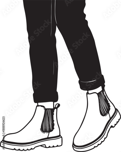 Outline Drawing of Chelsea Boots and Cuffed Pants in Black and White Style