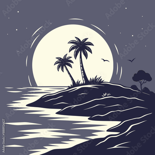 Tranquil ocean island moonlight landscape, minimalist vector art of a serene island bathed in soft moonlight, peaceful, dreamy, and calm.