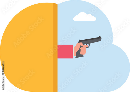 Corporate Threat Concept with Giant Hand Pointing Gun Through Open Doorway