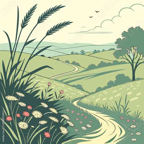 Charming rural field landscape, gentle vector illustration of peaceful countryside with growing crops, serene, bountiful, and natural.
