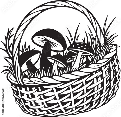 Black and White Illustration of Wicker Basket with Forest Mushrooms and Grass