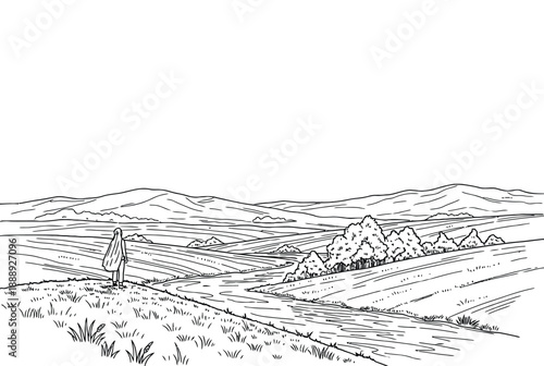 Lone figure stands on a hill, overlooking a serene landscape with rolling hills, a winding river, and scattered trees under an expansive sky.