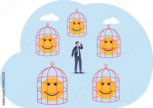 Emotional Burnout Concept with Unhappy Face Emojis Trapped in Red Bird Cages
