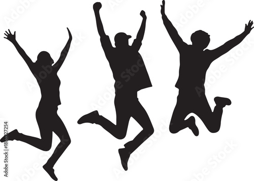 Silhouette of three happy people jumping high for joy and celebration
