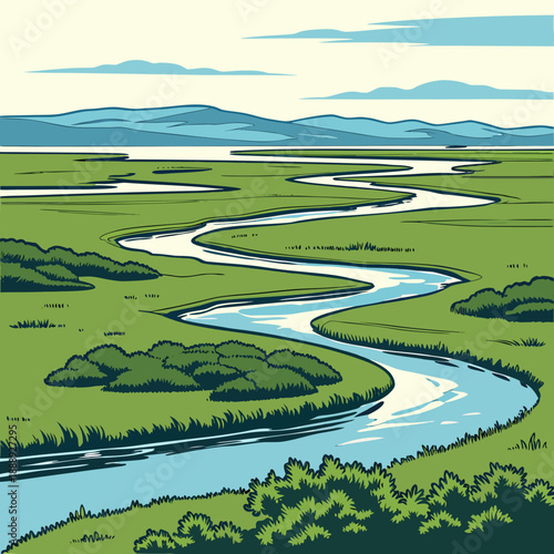 Expansive river delta marshland landscape, modern vector design illustrating a vibrant wetland ecosystem with branching water, natural, peaceful, and rich.