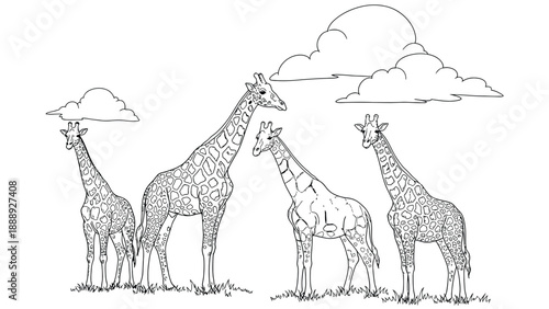Four giraffes stand on grass under a cloudy sky in a playful, line-drawn style. The scene conveys a cheerful and serene atmosphere.