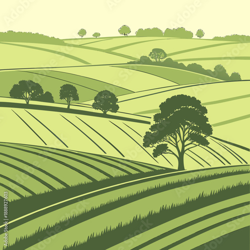 Clean vector illustration of a rolling green farmland landscape with distinct layered fields.
