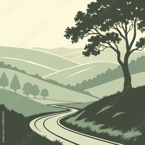 Minimalist valley road winding through layered hills, a serene and uncluttered landscape evoking tranquility.