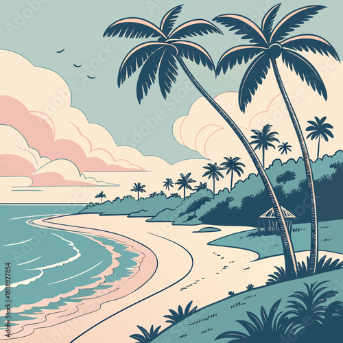 Modern flat vector illustration of a tropical beach landscape featuring smooth sand curves and calm ocean.