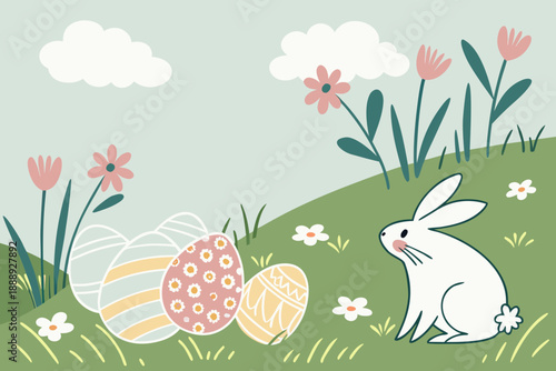 Frühlingshafte Landschaft mit Ostereiern und Osterhasen, Hintergrund