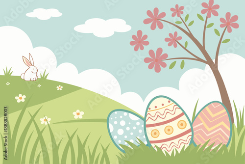 Frühlingshafte Landschaft mit Ostereiern und Osterhasen, Hintergrund