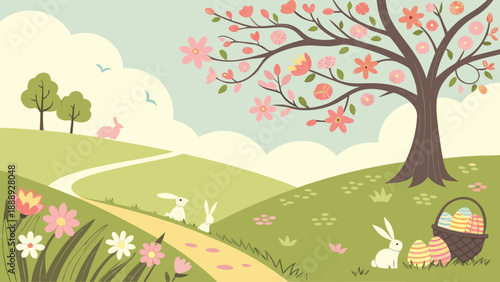 Frühlingshafte Landschaft mit Ostereiern und Osterhasen, Hintergrund