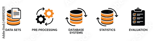 Data mining banner web icon vector illustration concept with icon of data sets, pre-processing, database system