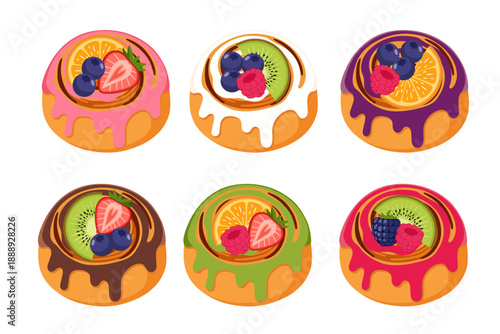 Set of gourmet cinnamon rolls with colorful glaze and fresh fruit toppings. Assorted sweet pastries with strawberry, kiwi, blueberry, raspberry, and orange slices isolated on white.