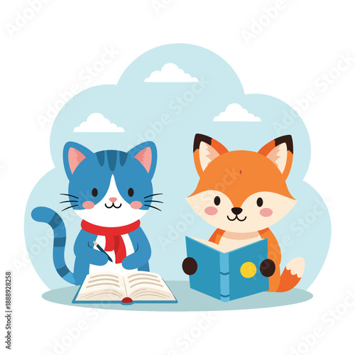 Cartoon Cat and Fox Reading Books