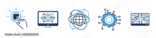 Digital tech icon set. Circuit, computer, digital transformation and internet connection icon on transparent background