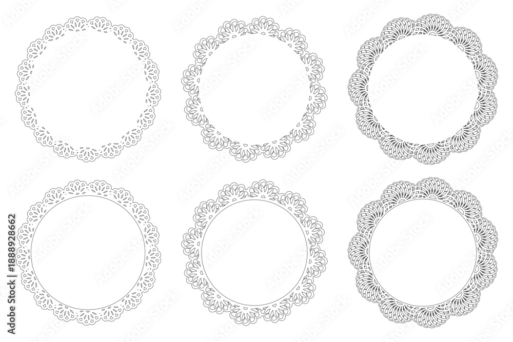 Obraz premium 黒線画の繊細レース円形フレームセット ドイリー風装飾枠の透過ベクター素材/Black Line Art Lace Circular Frame Set Delicate Doily Style Decorative Border Vector