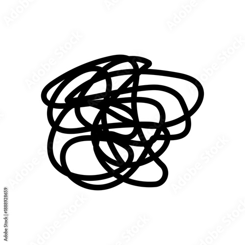 黒線画の絡まった落書きスクリブル抽象モチーフ 思考の混乱や悩みを表現する透過ベクター素材/Black Line Art Tangled Scribble Abstract Symbol Representing Confusion and Stress Vector on Transparent Background
