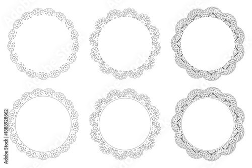 黒線画の繊細レース円形フレームセット ドイリー風装飾枠の透過ベクター素材/Black Line Art Lace Circular Frame Set Delicate Doily Style Decorative Border Vector
