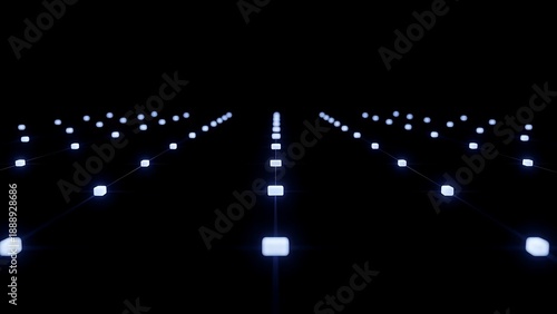 Aerial view of an airport runway at night with illuminated lights and markings on a dark background