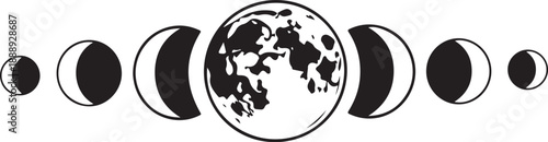 Black and white illustration of the moon phases cycle isolated on white background