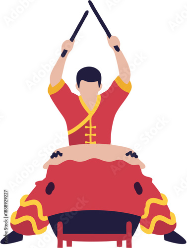 Man Playing Large Drum with Drumsticks.